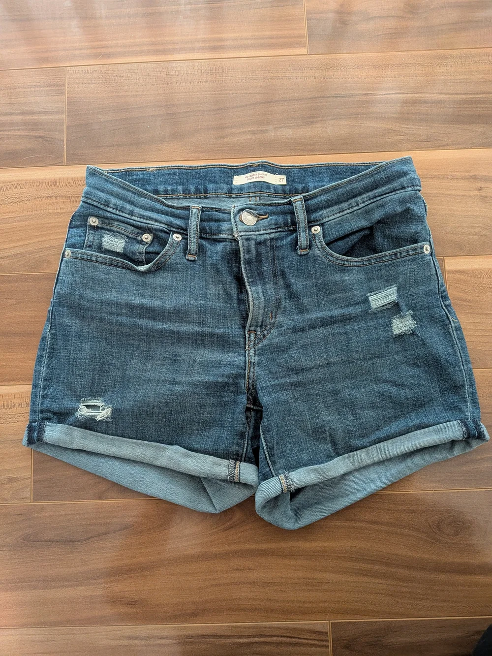 Women's Dark Wash Denim Roll-Cuff Shorts - Picture 1 of 5
